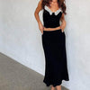 Women's slim fit mesh suit suspenders in black, sleeveless design, mid-length skirt, sizes S-L.