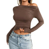 Casual slim-fit solid color diagonal collar pullover top in brown with long sleeves.