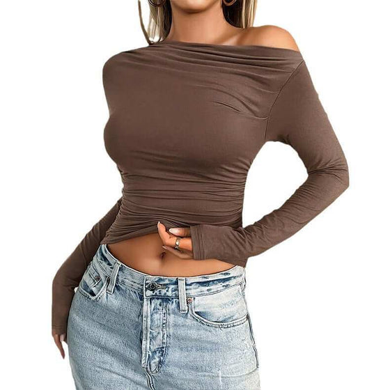 Casual slim-fit solid color diagonal collar pullover top in brown with long sleeves.