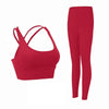 Red plush sports accessories yoga suit with cross-backless bra and cropped pants.