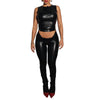 Women's black round neck sleeveless suit, exposed navel design, fashion street style.