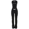 Women's black street fashion round neck sleeveless suit with exposed midriff.