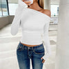 Casual slim-fit solid color diagonal collar pullover top in white with long sleeves.