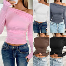  Casual slim-fit solid color diagonal collar pullover top in various colors with long sleeves.