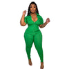 Women's green zipper jumpsuit with three-dimensional pocket design.