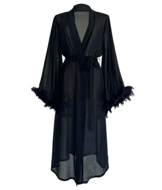 Women's silk feather long style long sleeve robe, luxurious homewear.