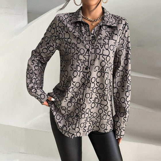 Women's fashion temperament long-sleeved printed shirt, woven polyester fabric, stylish fit for any season.