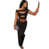 Street Ladies Hollow Lace Bare Midriff High Waist Suit in black with long skirt and quarter sleeves.