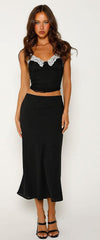 Women's slim fit mesh suit suspenders in black, sleeveless with mid-length skirt, sizes S-L.