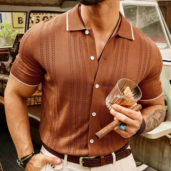 Short-sleeve summer button-up lapel shirt in brown with white trim, featuring a comfortable Tencel fabric and stylish design.