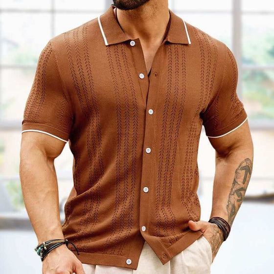 Short-sleeve summer button-up lapel shirt for businessmen in brown Tencel fabric.