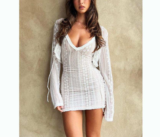 Women's Hot Fashion Long Sleeve Sunscreen Chiffon Dress in white, V-neck style.