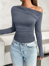 Casual slim-fit solid color diagonal collar pullover top in gray blue.