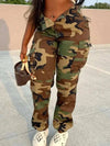 Women's camo print cargo pants with side pockets for outdoor adventures.