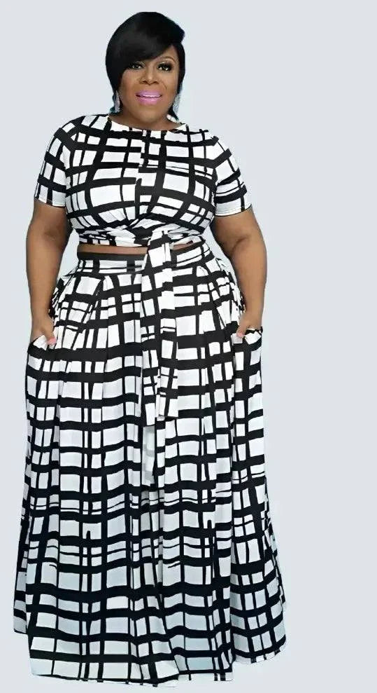 Plaid two-piece tie-up t-shirt and maxi skirts matching set for women.