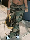 Women's camo print cargo pants with side pockets, ideal for outdoor adventures.