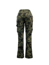 Women's camo print cargo pants with side pockets.