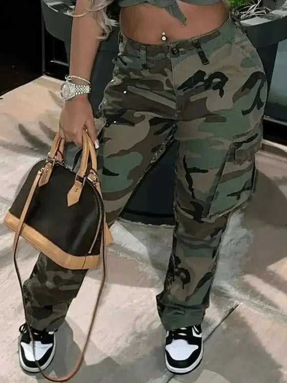 Camo Print Side Pocket Cargo Pants for Women with camouflage design.