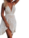 Women Sexy Floral White Mini Lace Backless Sheer Dress with V-neck and spaghetti straps