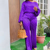 Polka dot printed long-sleeved trousers casual fashion loose shoulder suit in vibrant purple.