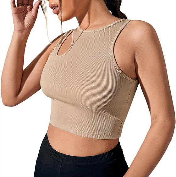 Women's T-Shirt Fashion Hollowed-out Camisole in Khaki Color