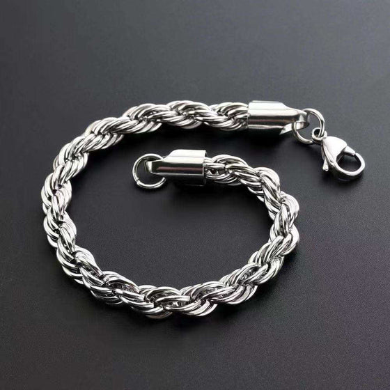 Men's retro titanium steel twist bracelet with lobster clasp on black background.