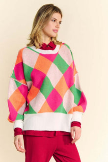  Davi & Dani Exposed Seam Color Block Sweater with bold geometric design and relaxed fit.