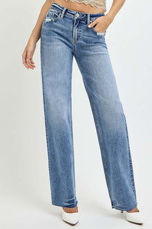  RISEN Full Size High Rise Straight Leg Jeans with Pockets in blue denim.