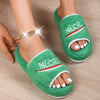 Peep Toe House Slippers for Women Winter Furry Shoes in green, made of terry cloth.