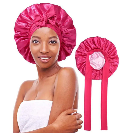 Double layered silk bonnet hair care sleeping hat with elastic tie band, red satin design.