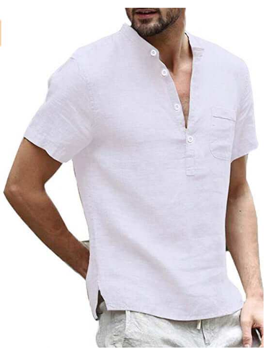 Men's casual white linen shirt with short sleeves and V neck.