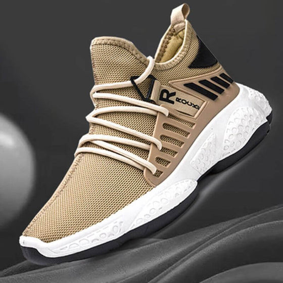 Men's breathable mesh sports sneakers, lightweight woven design, beige color.