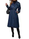 Long Sleeve Longline Denim Jacket with belt and buttons, made from rayon and polyester.