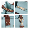 Close-up details of a Professional Women's 3-Piece Handbag Set with metal clasps and trim in blue and brown.