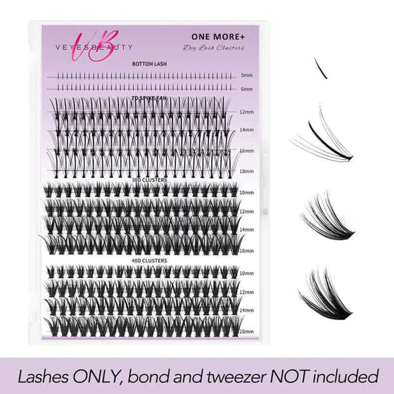 Veyesbeauty Clusters ONE MORE+ DIY Lash set with 7D 20D cluster lashes for customizable eye makeup, including bottom lash option.