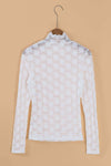 Mock Neck Long Sleeve Lace Top in white, semi-sheer, stretchy fabric on hanger.