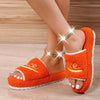 Peep Toe House Slippers for Women in orange terry cloth, winter furry shoes, cozy and stylish.