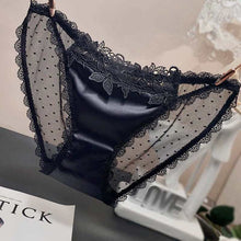  Women's mesh see-through low waist underwear in black with lace details.