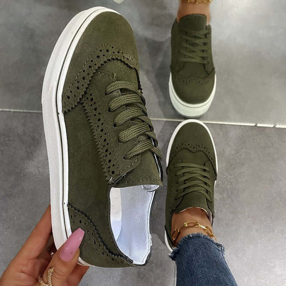 Lace-Up Suedette Flat Sneakers For WomenThese Lace-Up Suedette Flat Sneakers are the perfect combination of style and comfort. Made with elastomer and suede materials, they provide a snug and durable fit. Plush Fashion ShopPlush Fashion ShopSuedette Flat Sneakers