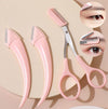 Eyebrow trimming tools with curved moon shape and comb attachment for precise shaping.