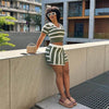 Polo collar short sleeve striped contrast color sheath skirt outfit for summer fashion.