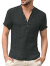 Casual linen solid color V neck shirt for men with button design and short sleeves.