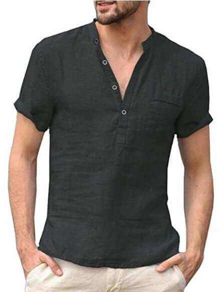 Casual linen solid color V neck shirt for men with button design and short sleeves.