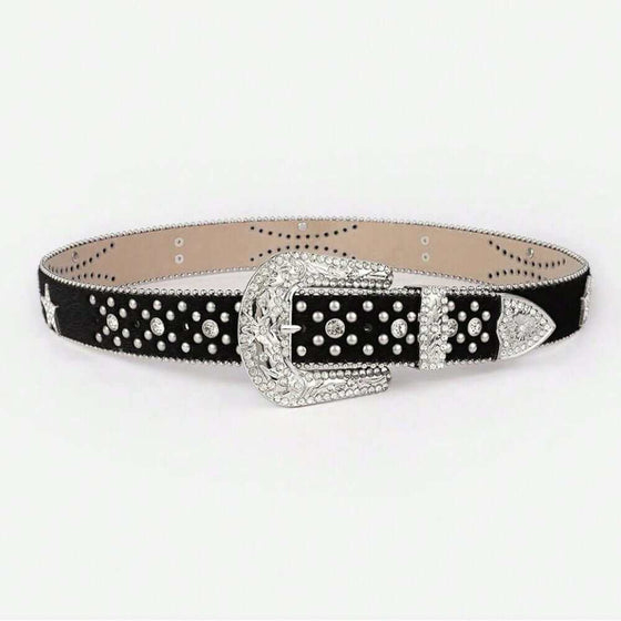 Leather Inlaid Rhinestone BeltEnhance your wardrobe with our Leather Inlaid Rhinestone Belt! Made with high-quality materials, this imported belt not only adds style but also offers the perfect fBeltsPlush Fashion ShopPlush Fashion ShopLeather Inlaid Rhinestone Belt