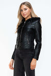 Snobbish faux leather zip-up drawstring hooded jacket with front zipper and long sleeves.