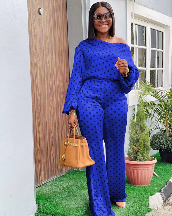 Polka Dot Printed Long-sleeved Trousers in blue with loose-fit design and lantern sleeves.