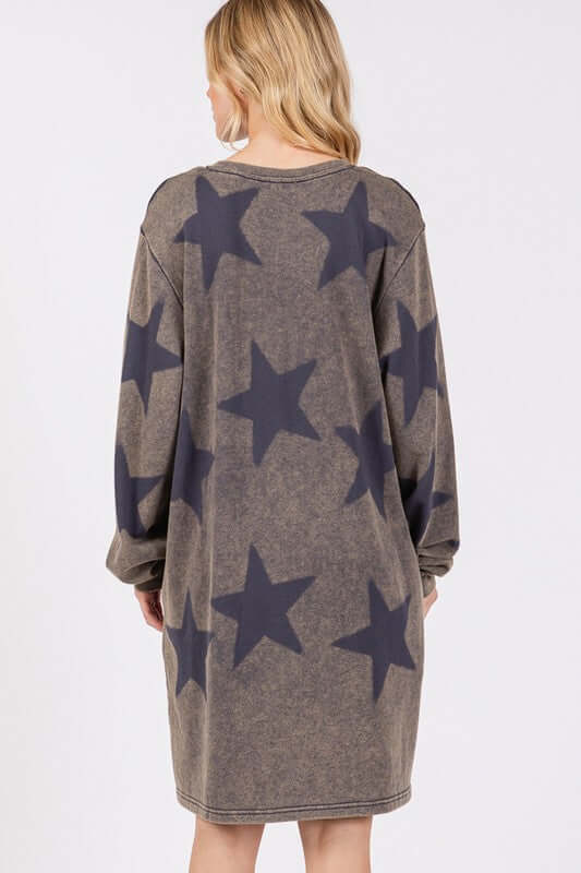 Women's Washed Star Print Round Neck Dress in 100% cotton with dark star patterns.