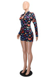 V-neck printed sheath skirt long sleeve jumpsuit with butterfly pattern, available in multiple colors.