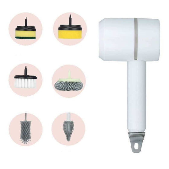 Electric cleaning dishwashing brush with automatic wireless USB rechargeable design, includes 3 interchangeable heads.