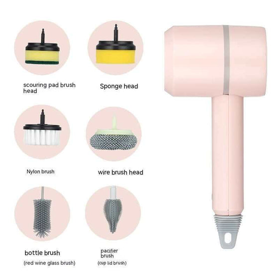 Electric cleaning dishwashing brush with automatic wireless USB rechargeable feature, showcasing interchangeable heads.